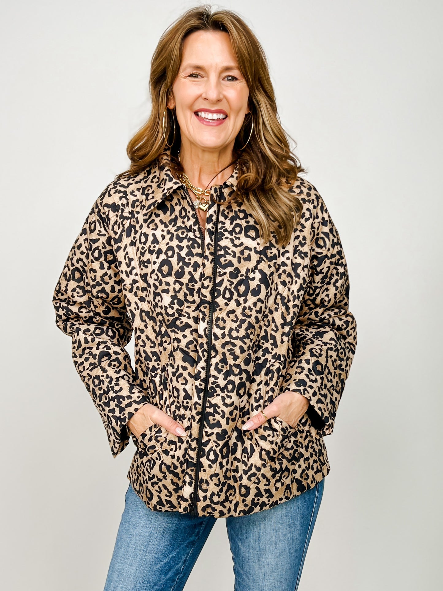 Relaxed Fit Leopard Print Zipper Front Jacket