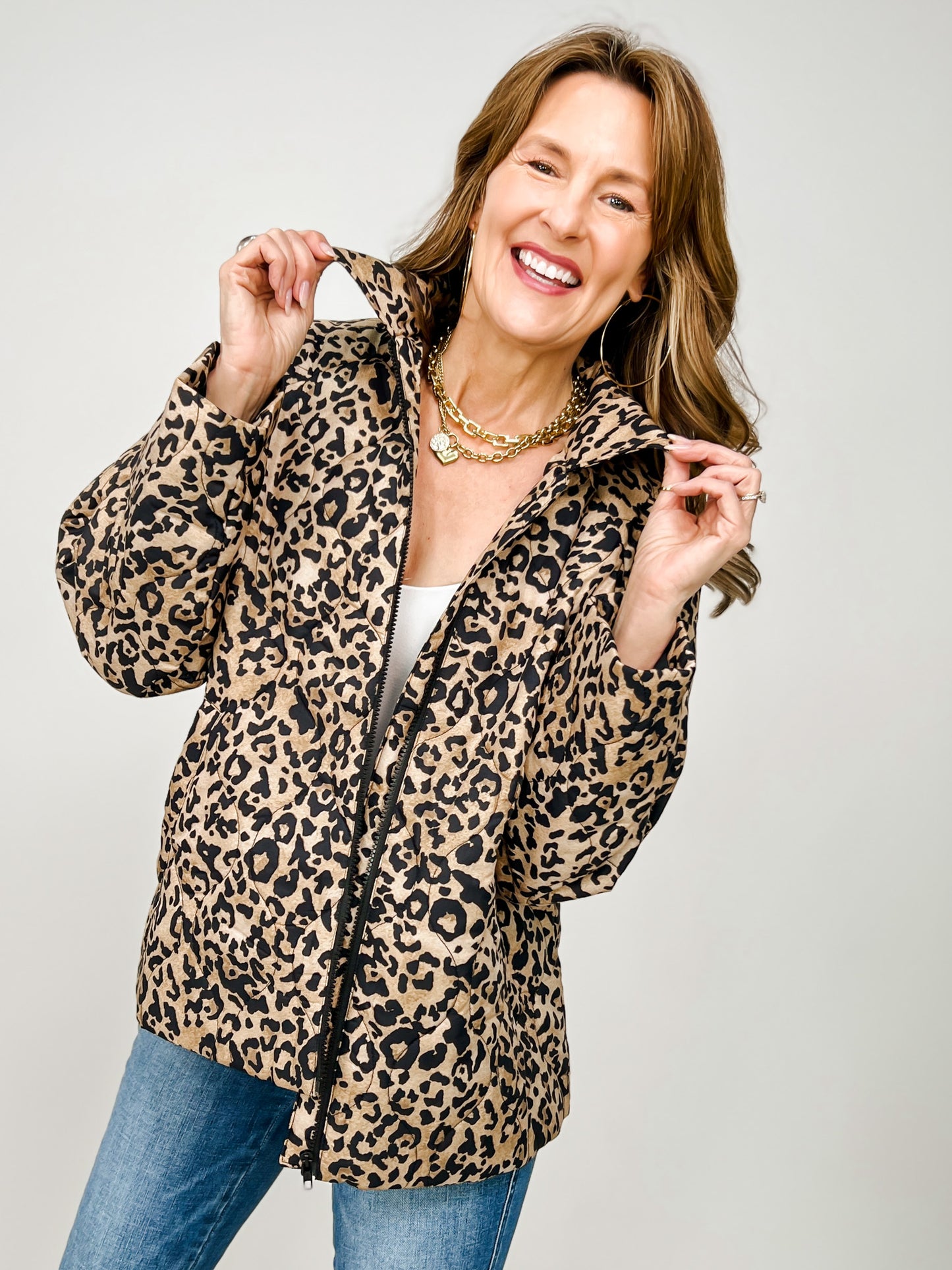Relaxed Fit Leopard Print Zipper Front Jacket