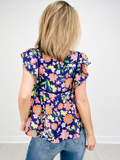 Floral Print Flutter Sleeve Top with Contrast Binding Yoke