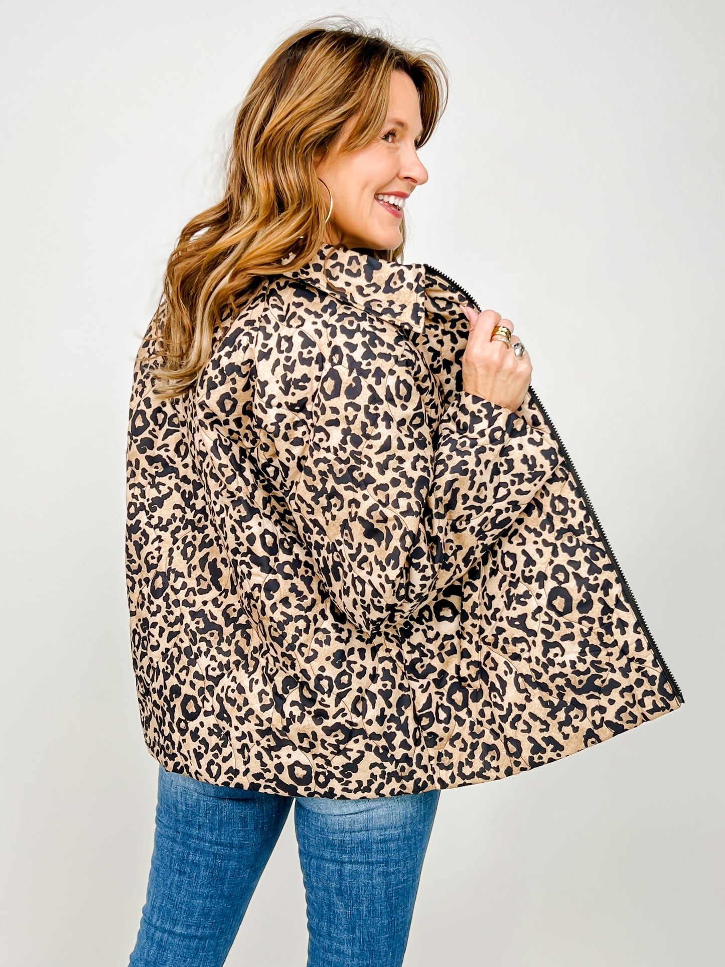 Relaxed Fit Leopard Print Zipper Front Jacket