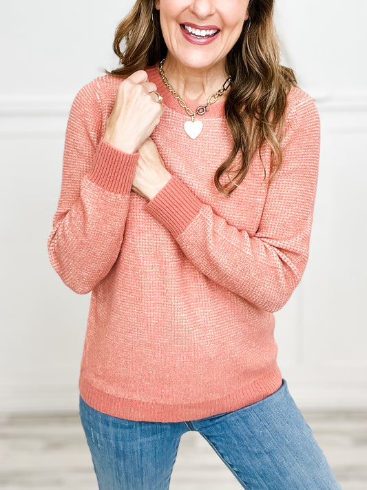 Waffle Textured Crew Neck Top Long Sleeve