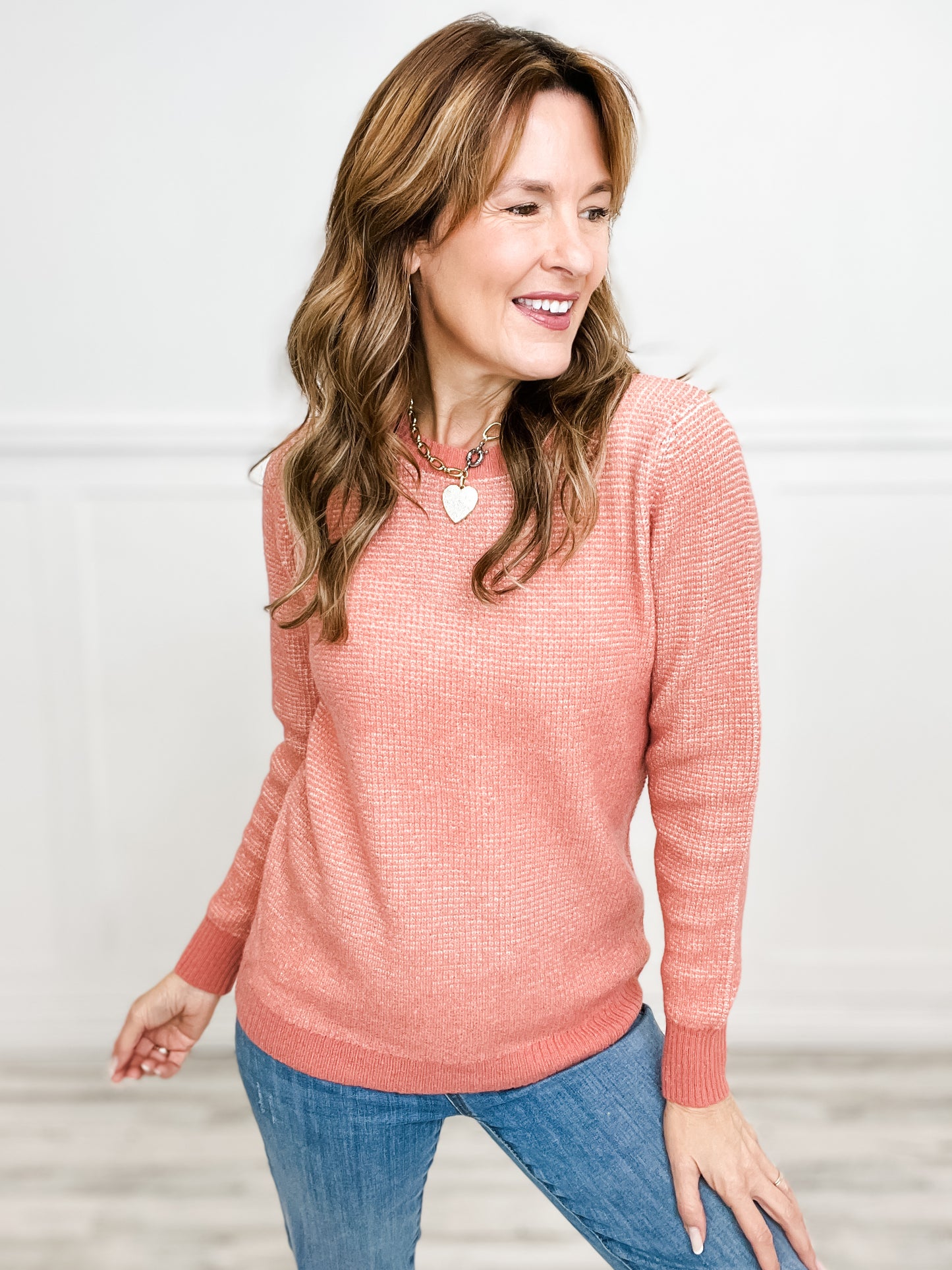 Waffle Textured Crew Neck Top Long Sleeve