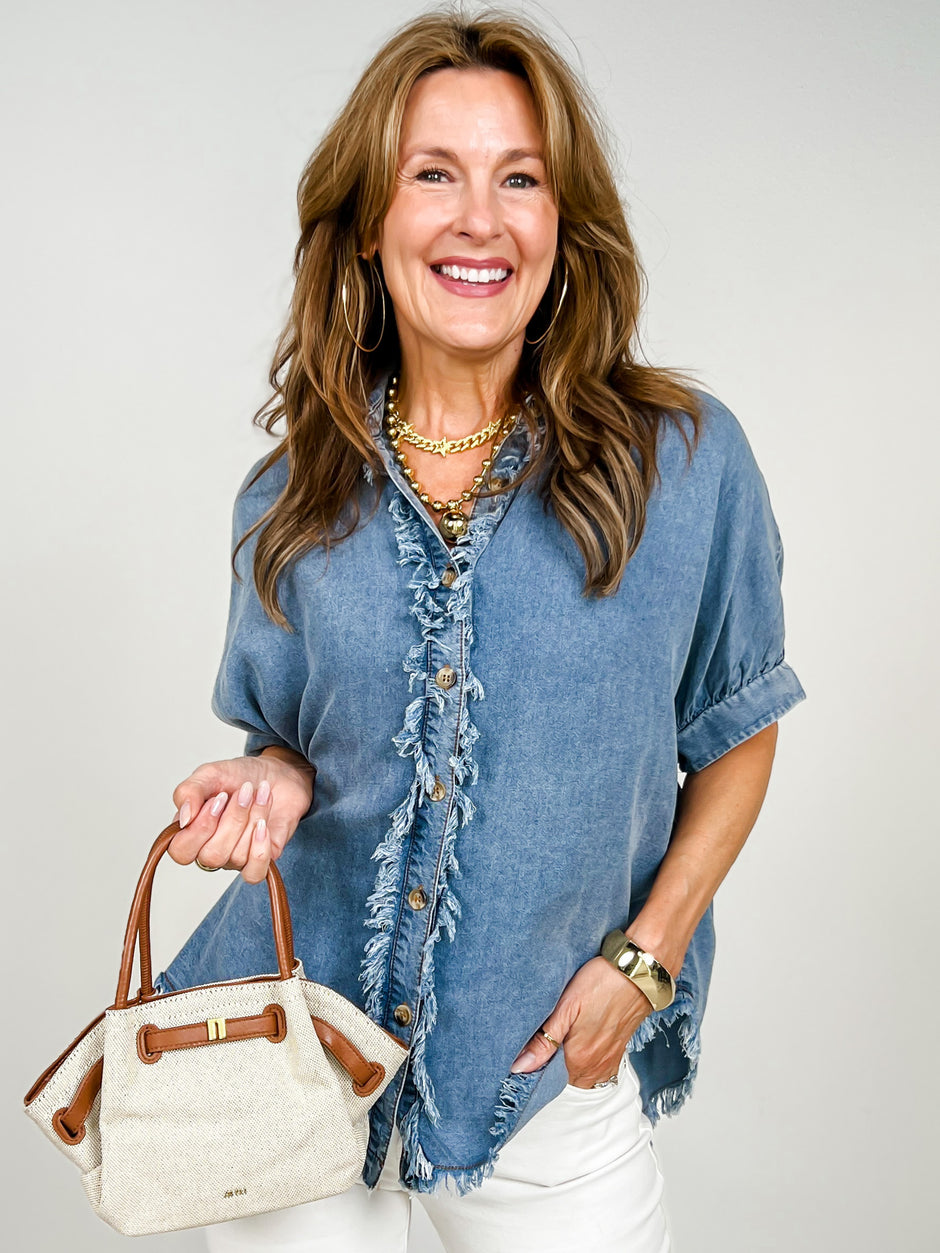 Short Sleeve Frayed Trim Denim Button Top