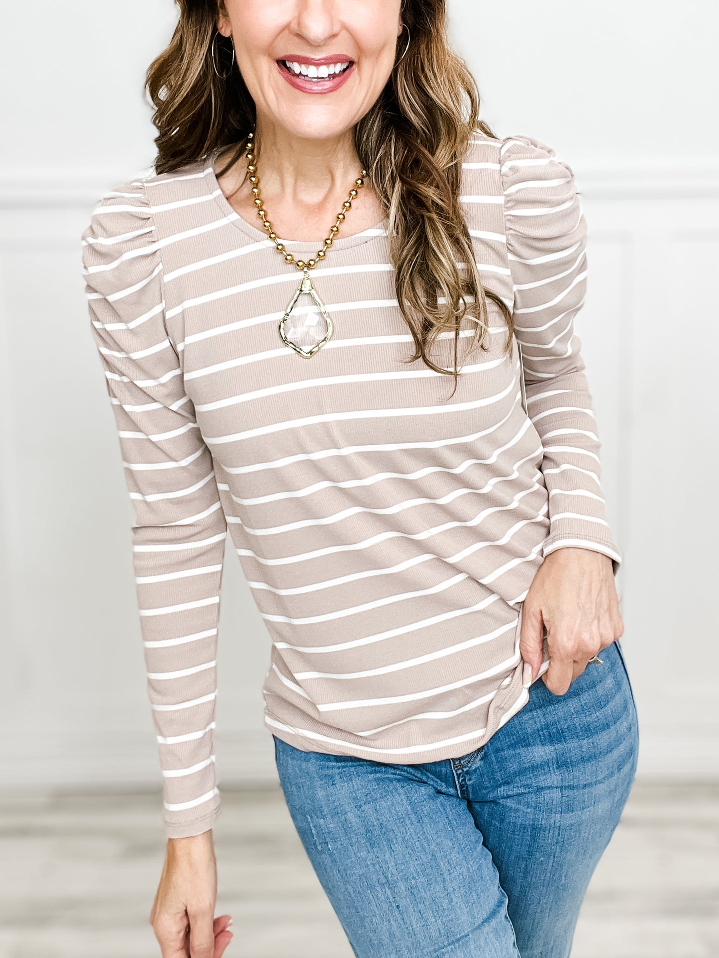 GATHERED SHOULDER STRIPED TOP