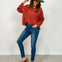 Long Sleeve Cropped Raglan Henley Top in Brick