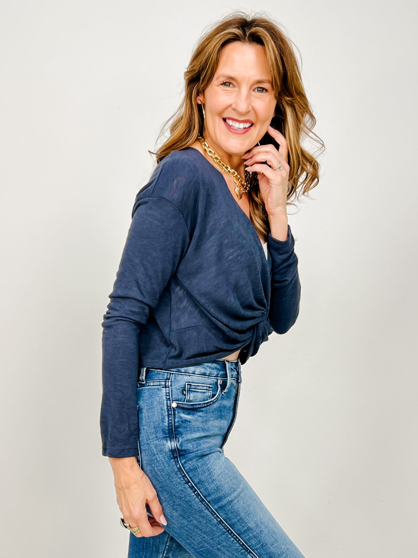 Slubby Front Twist Long Sleeve Top