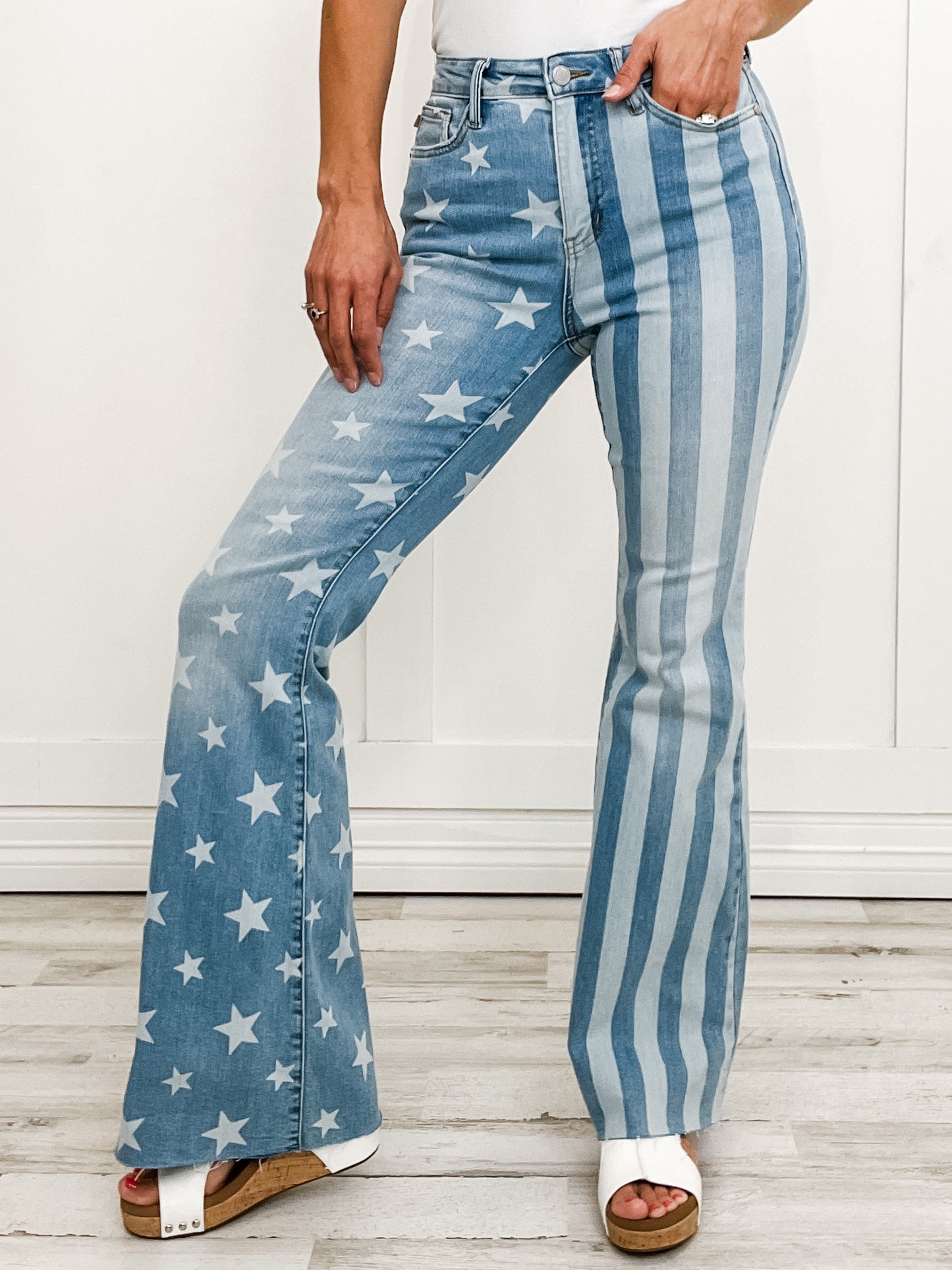 Judy Blue Hi-Rise Stars and Stripes Bleach Discharge Flare Denim Jeans