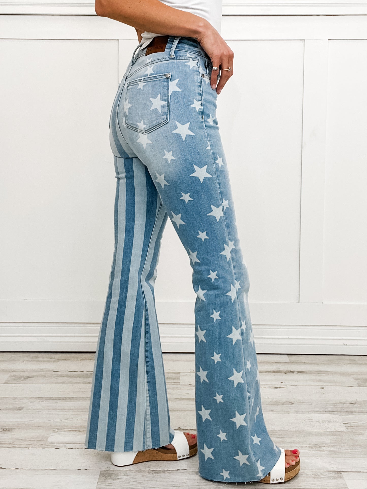 Judy Blue Hi-Rise Stars and Stripes Bleach Discharge Flare Denim Jeans