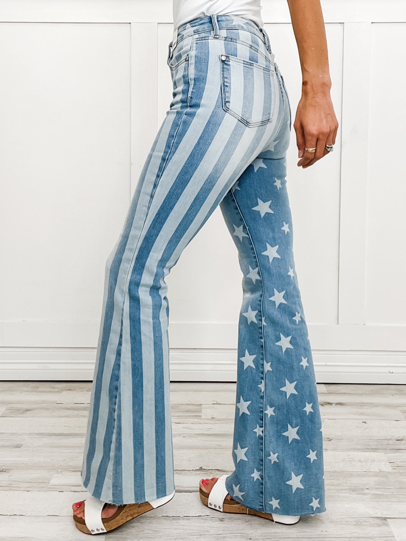 Judy Blue Hi-Rise Stars and Stripes Bleach Discharge Flare Denim