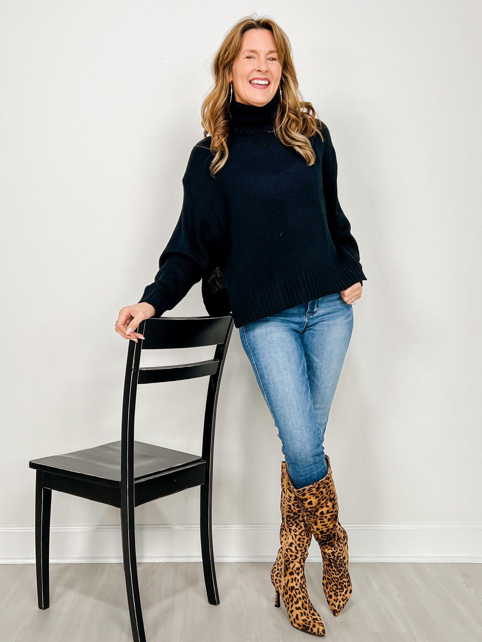 Solid High Neck Long Sleeve Loose Fit Knit Sweater