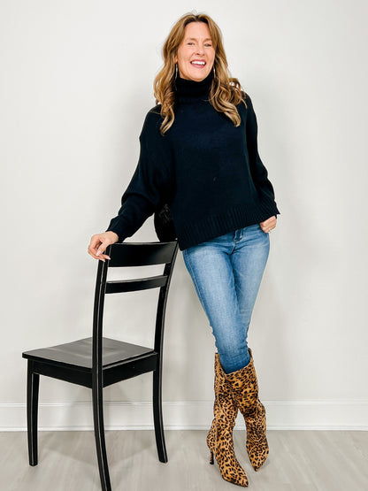 Solid High Neck Long Sleeve Loose Fit Knit Sweater
