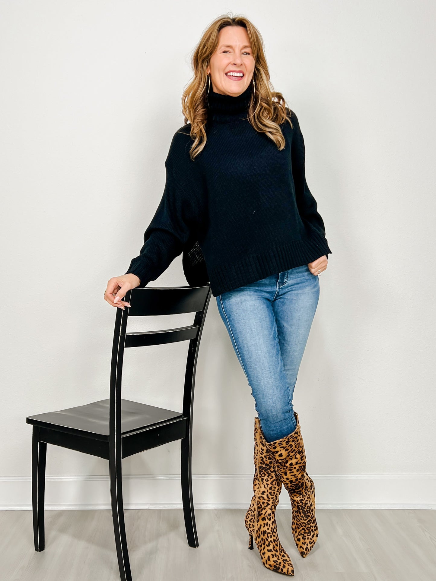 Solid High Neck Long Sleeve Loose Fit Knit Sweater