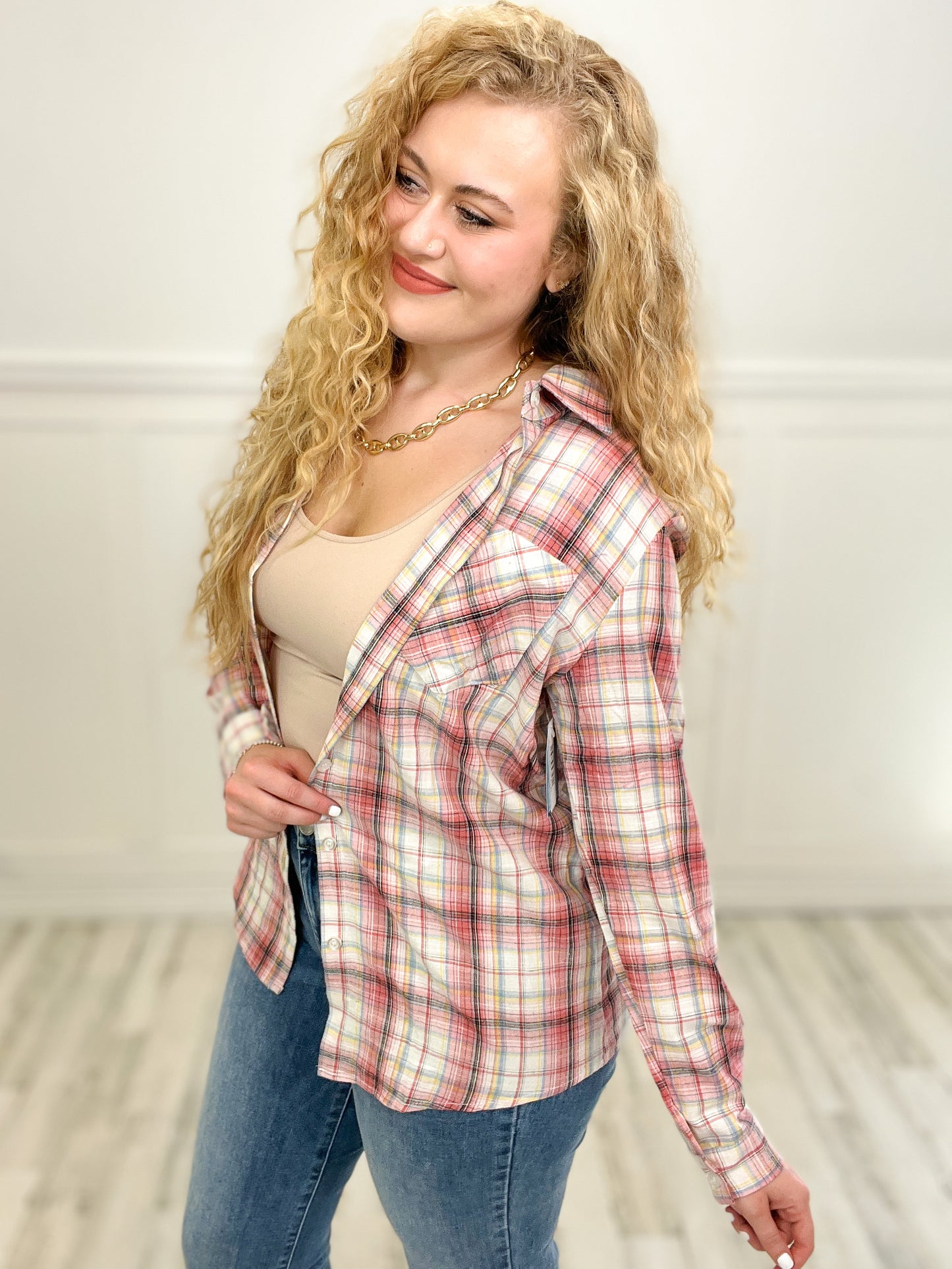 Check Plaid Button Up Long Sleeve Top with Pocket