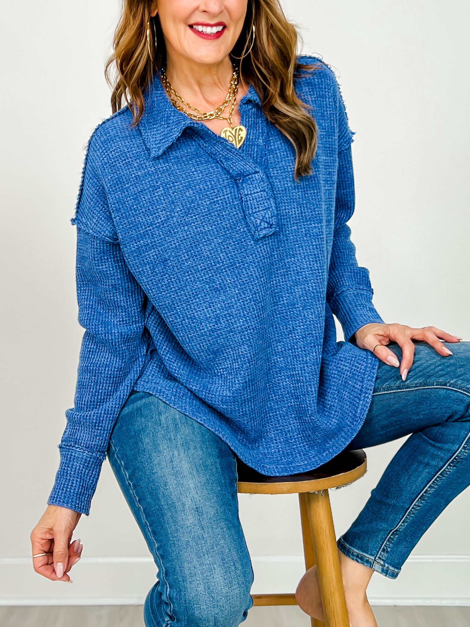 Mineral Washed Waffle Polo Sweatshirt in Cobalt