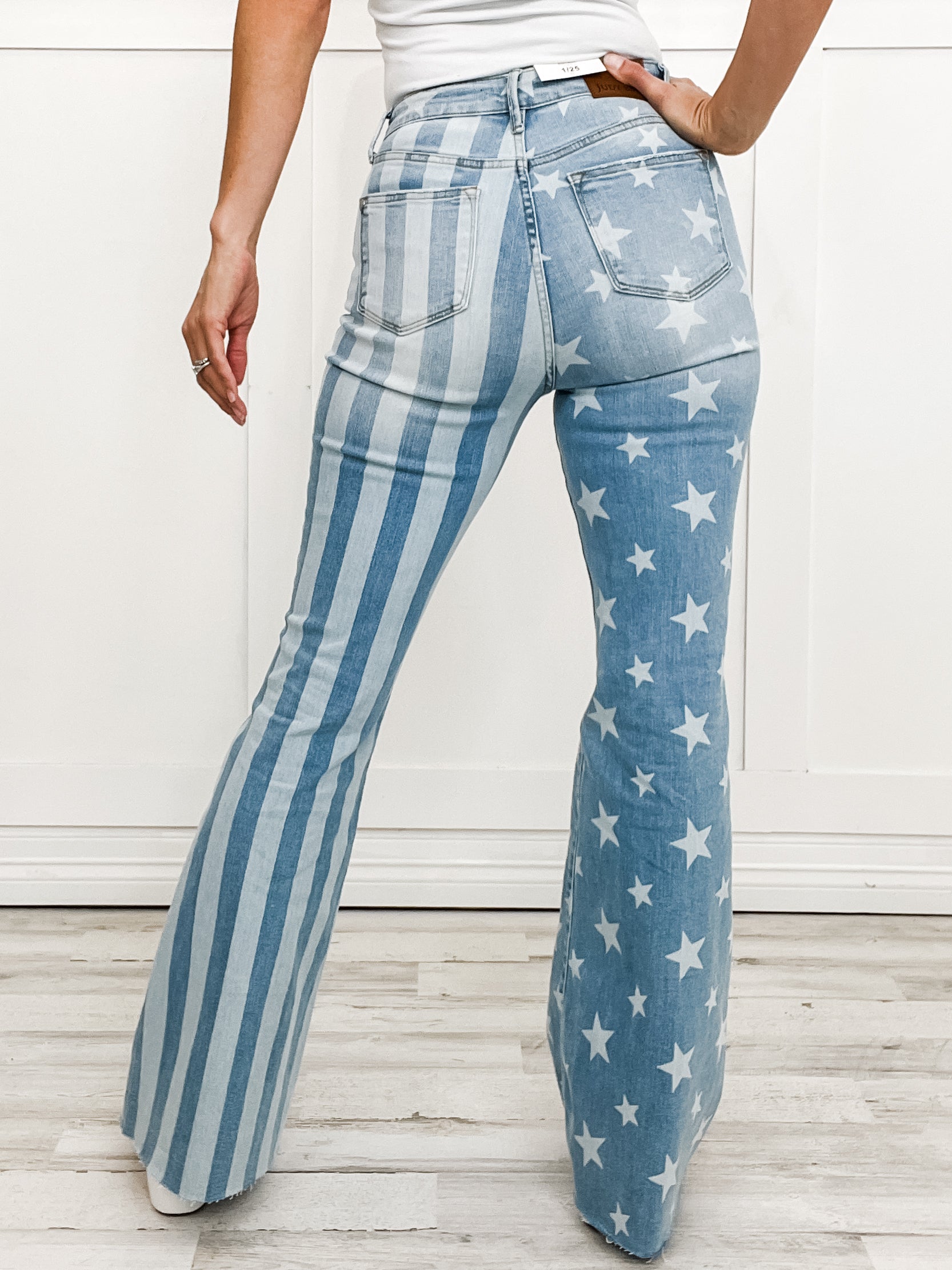 Judy Blue Hi-Rise Stars and Stripes Bleach Discharge Flare Denim