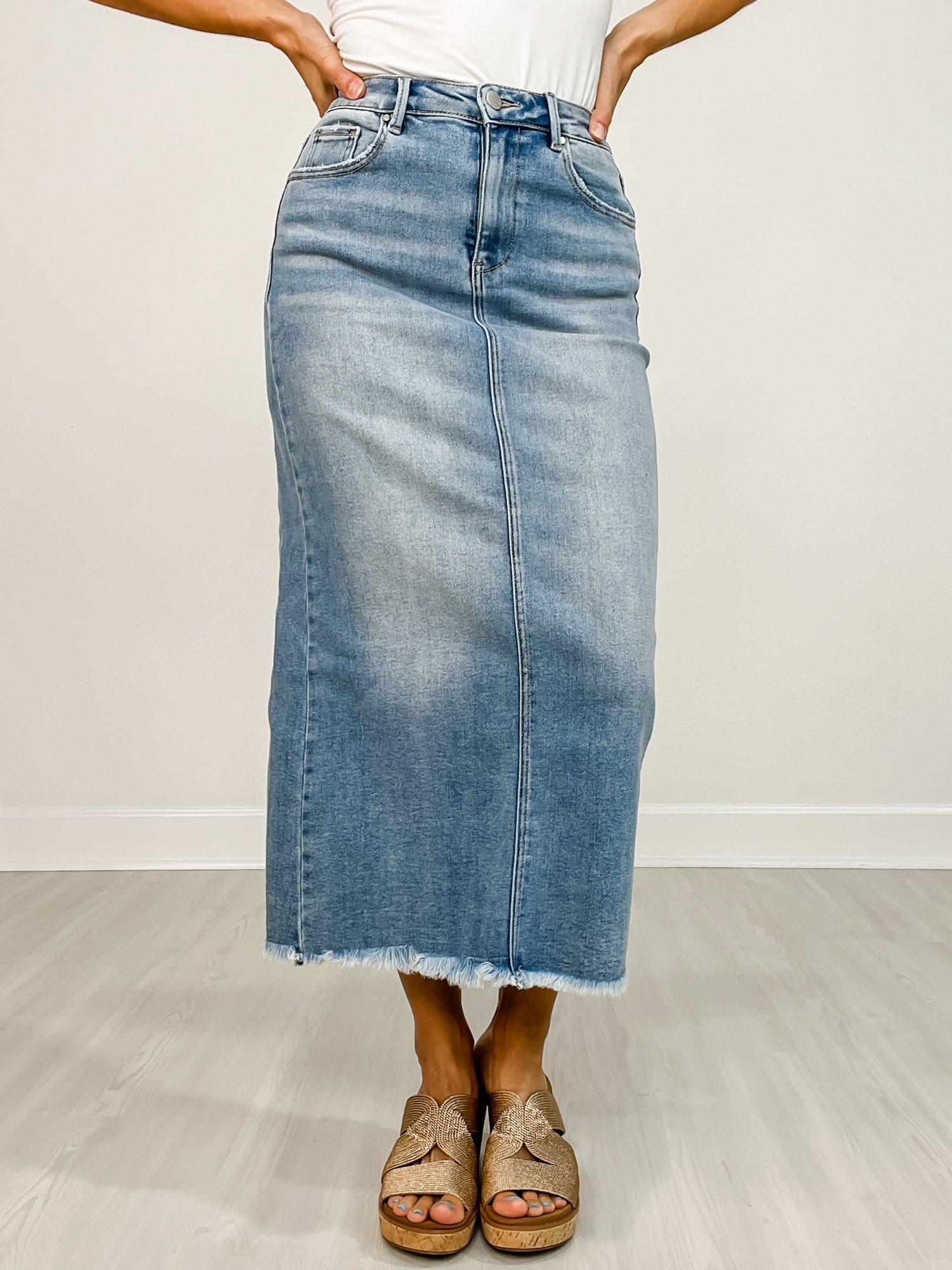 Maxi Skirt Frayed Denim Pencil Skirt Lexama Side-Slit Frayed Denim - Main Image
