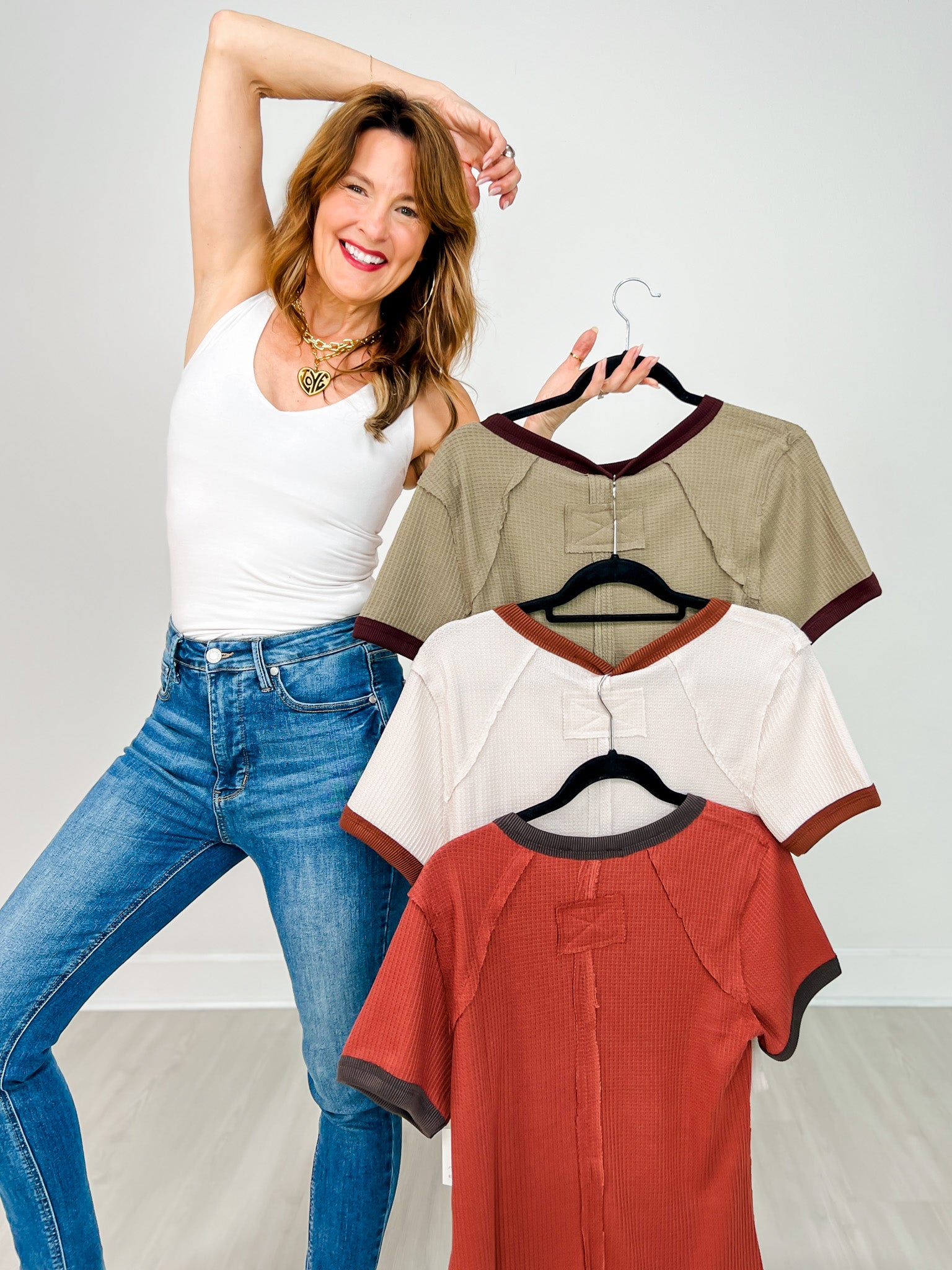 Short Sleeve Waffle Everyday Ringer Tee in Olive Burgundy
