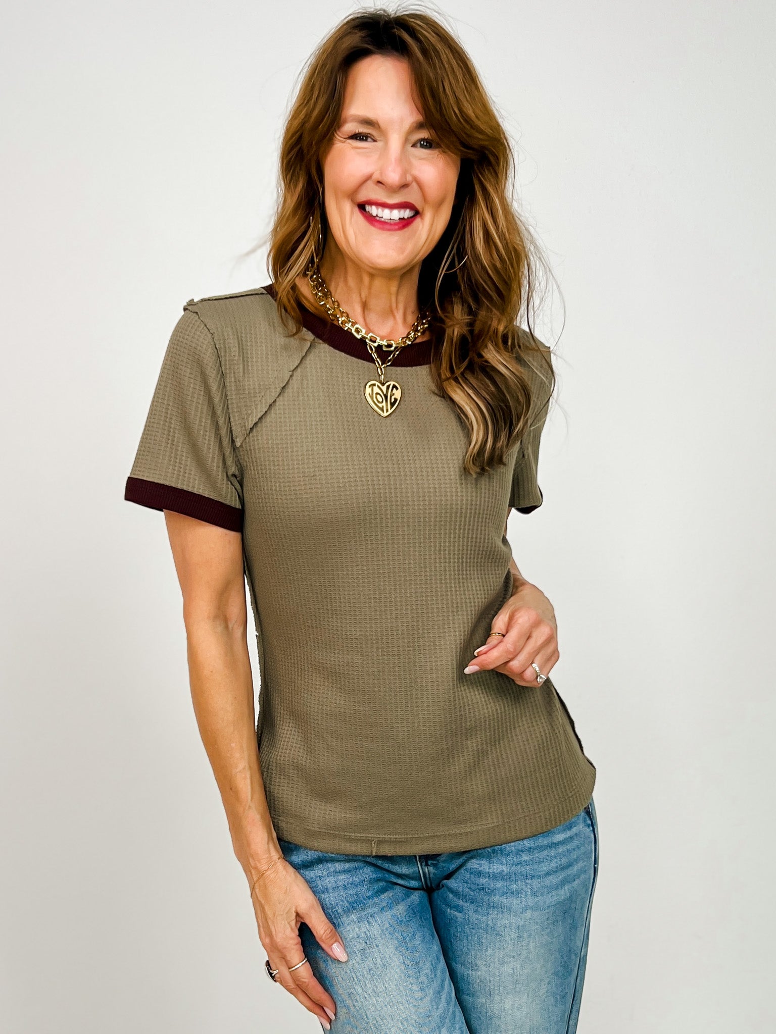 Short Sleeve Waffle Everyday Ringer Tee in Olive Burgundy