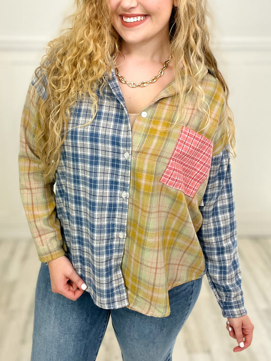 Multi Color Plaid Long Sleeve Shirt with Pocket