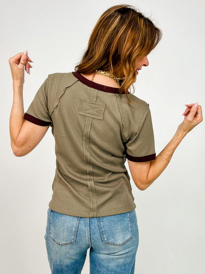 Short Sleeve Waffle Everyday Ringer Tee in Olive Burgundy
