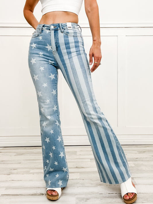 Judy Blue Hi-Rise Stars and Stripes Bleach Discharge Flare Denim Jeans
