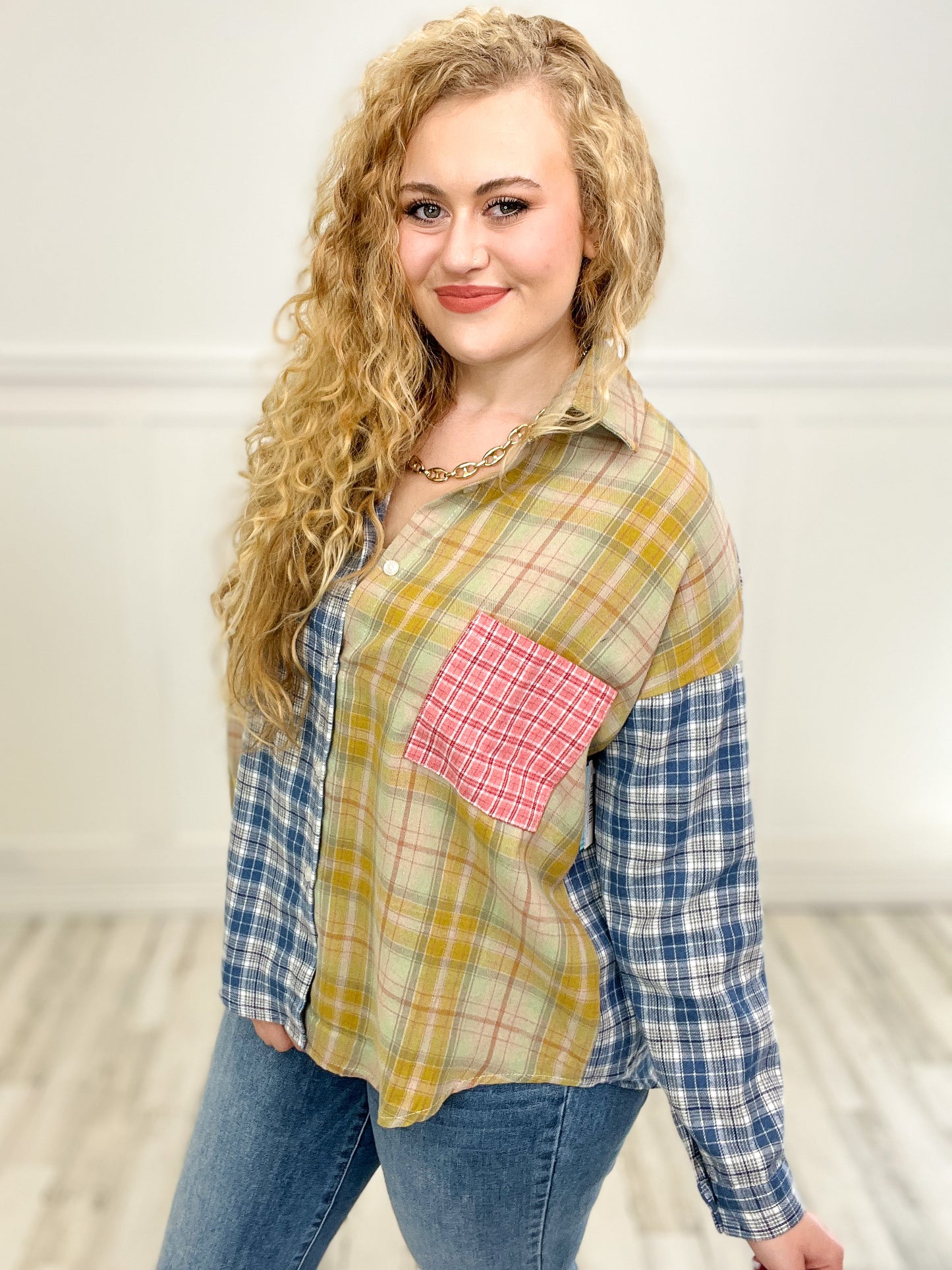 Multi Color Plaid Long Sleeve Shirt with Pocket