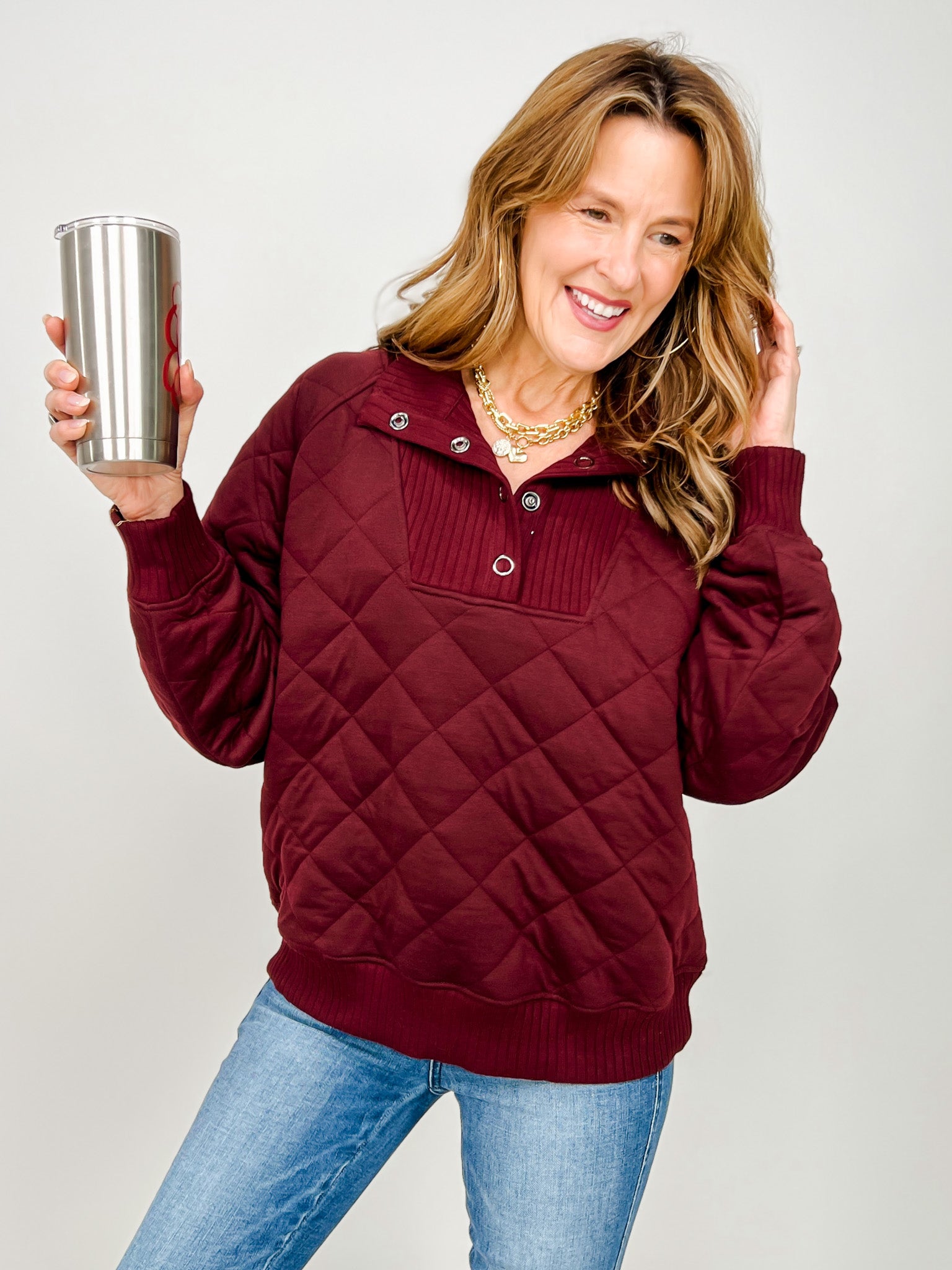 Long Sleeve Quilted Snap Pullover Jacket - GRP A