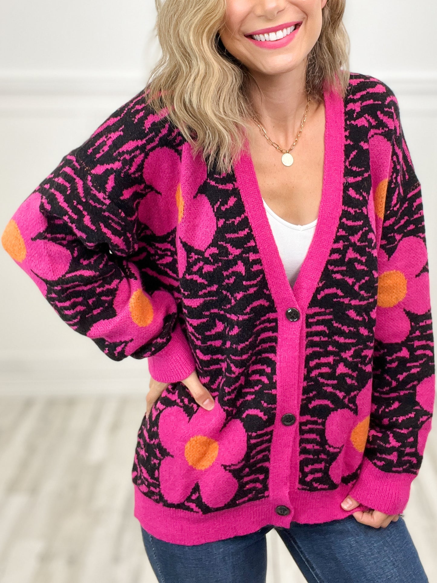 Electric Love Flower Tiger Pattern V-Neck Cardigan