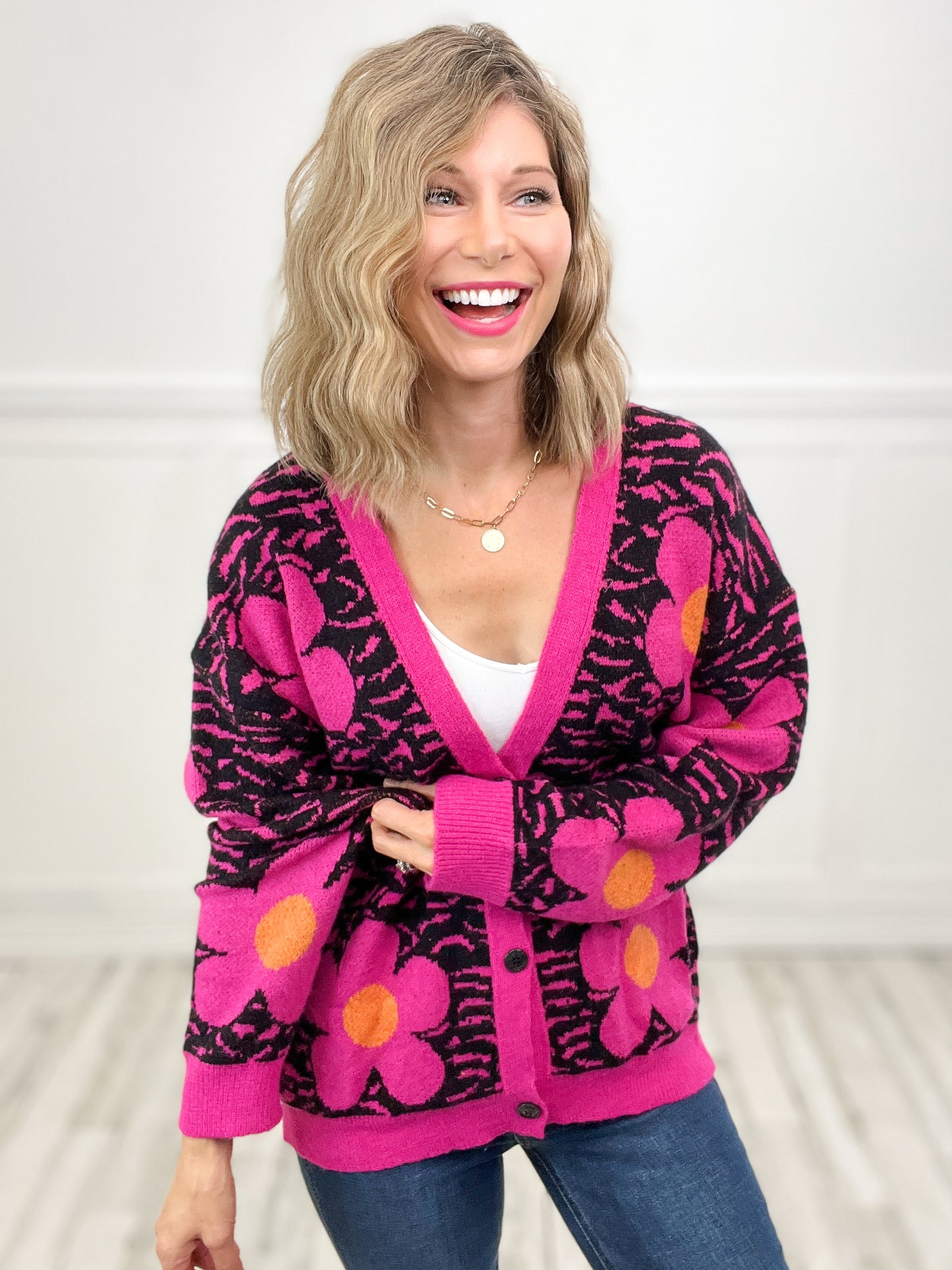 Electric Love Flower Tiger Pattern V-Neck Cardigan