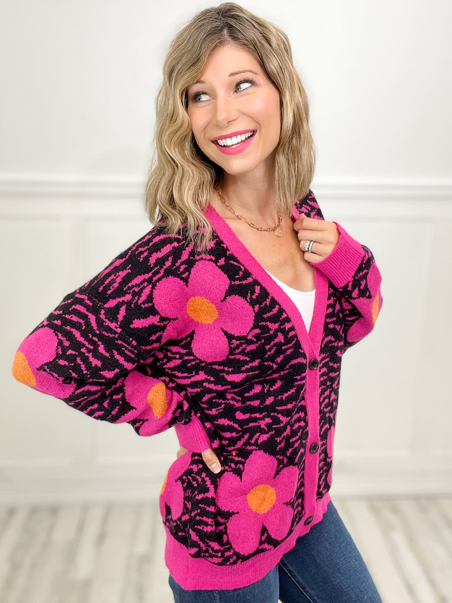 Electric Love Flower Tiger Pattern V-Neck Cardigan