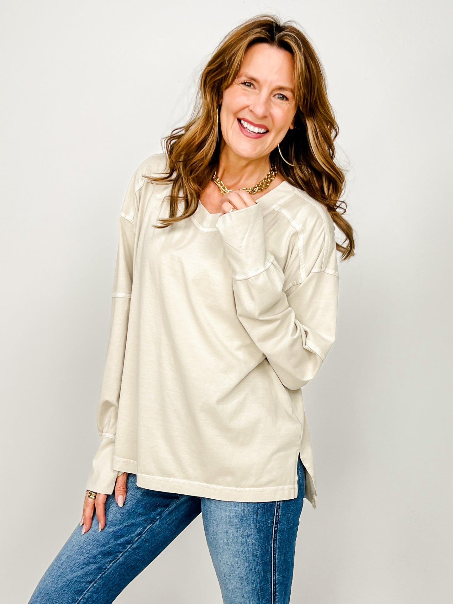 Pigment Washed Cotton V-Neck Top - GRP A