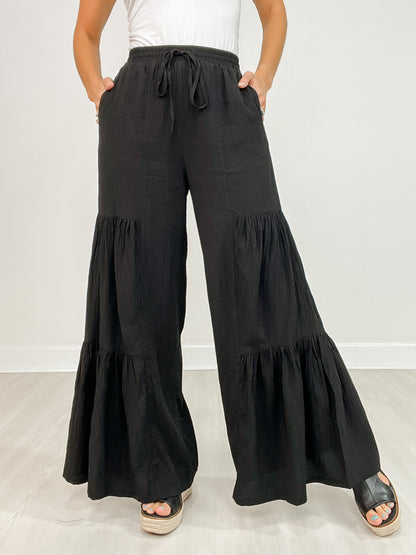 Textured Woven Tiered Detail Wide Leg Pants