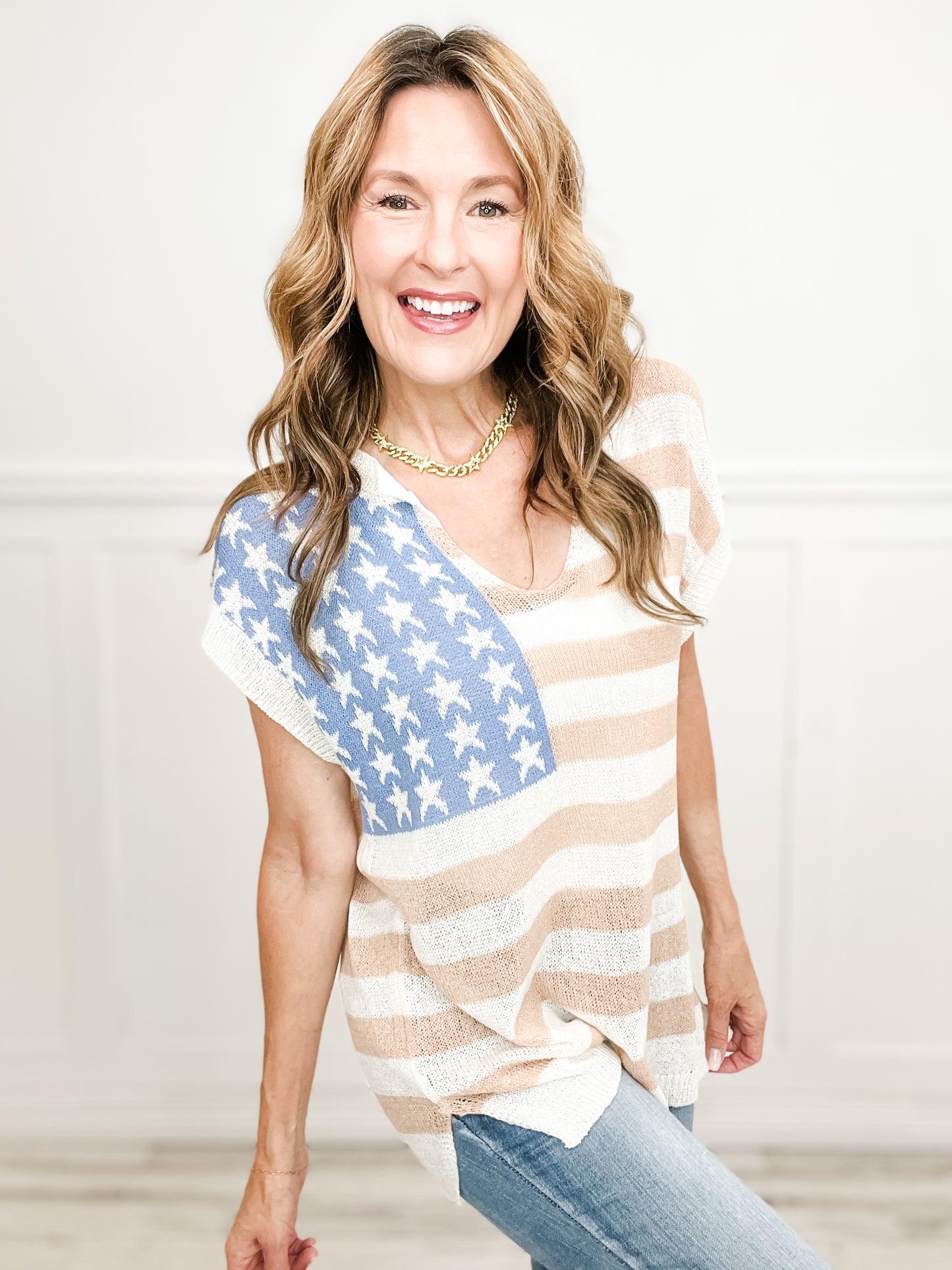 American Flag Print V-Neck Sleeveless Sweater Top