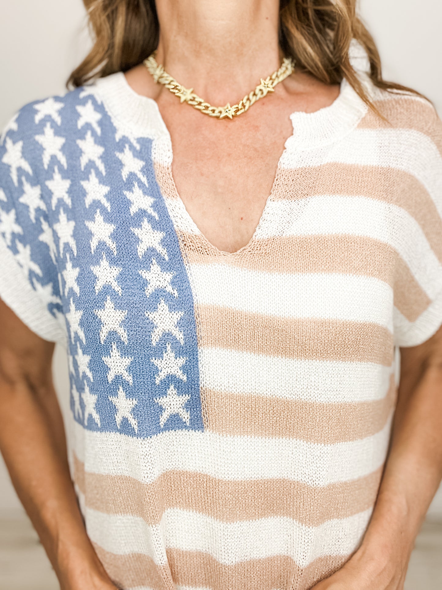 American Flag Print V-Neck Sleeveless Sweater Top