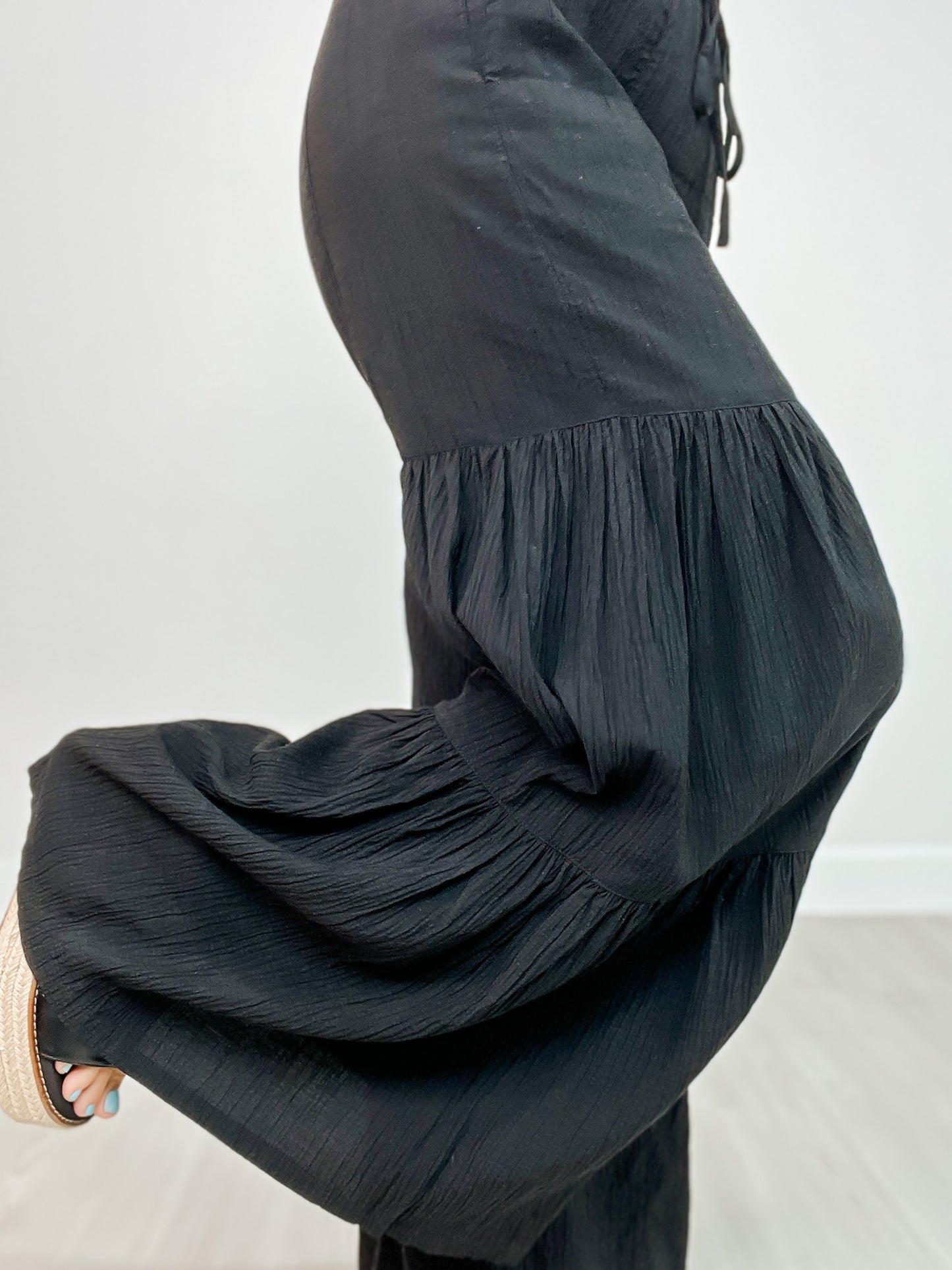 Textured Woven Tiered Detail Wide Leg Pants