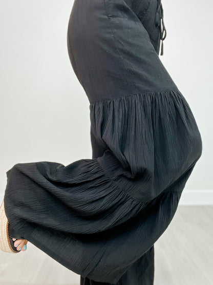 Textured Woven Tiered Detail Wide Leg Pants
