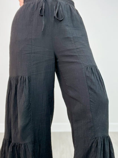 Textured Woven Tiered Detail Wide Leg Pants