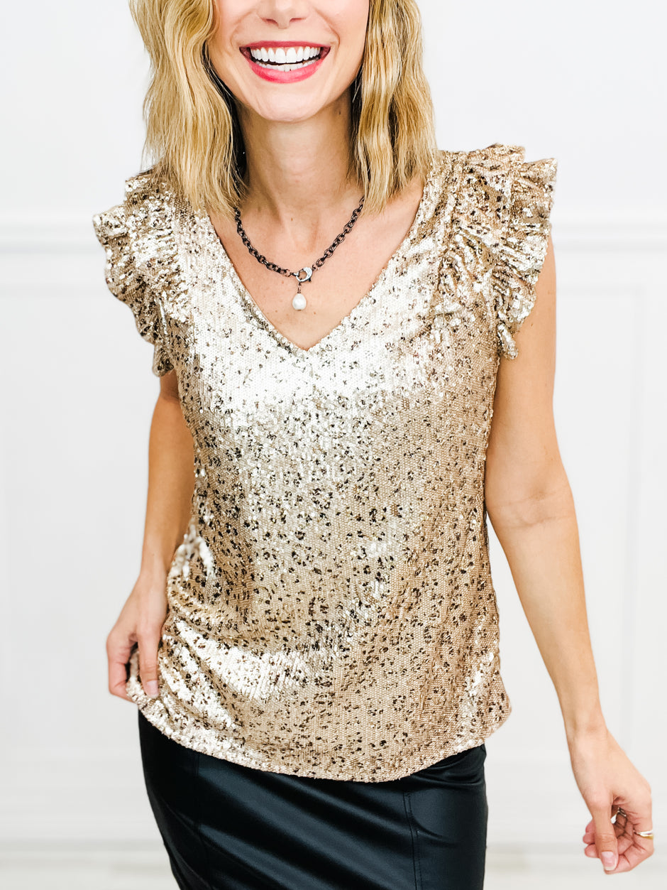 Sequin Leopard V-Neck Flutter Sleeve Top