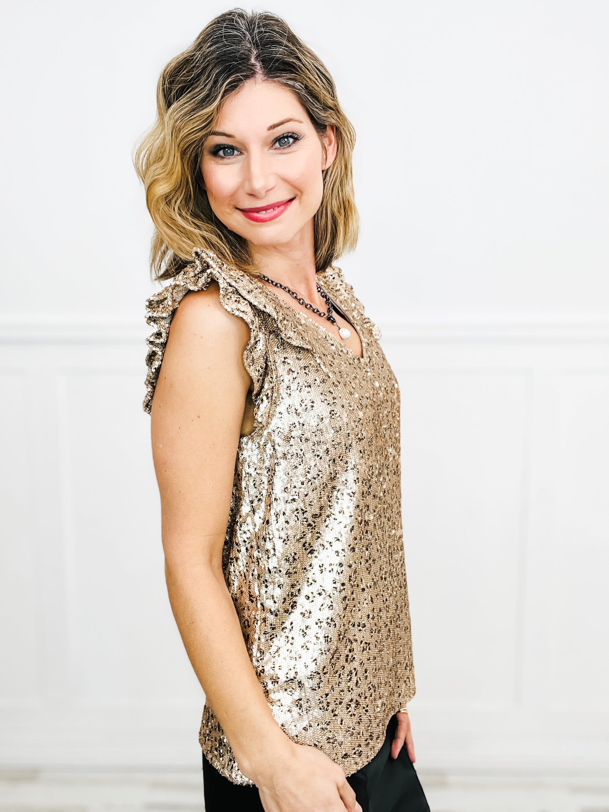 Sequin Leopard V-Neck Flutter Sleeve Top