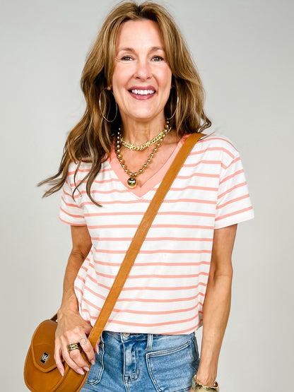 Striped V-Neck Short Sleeve Top