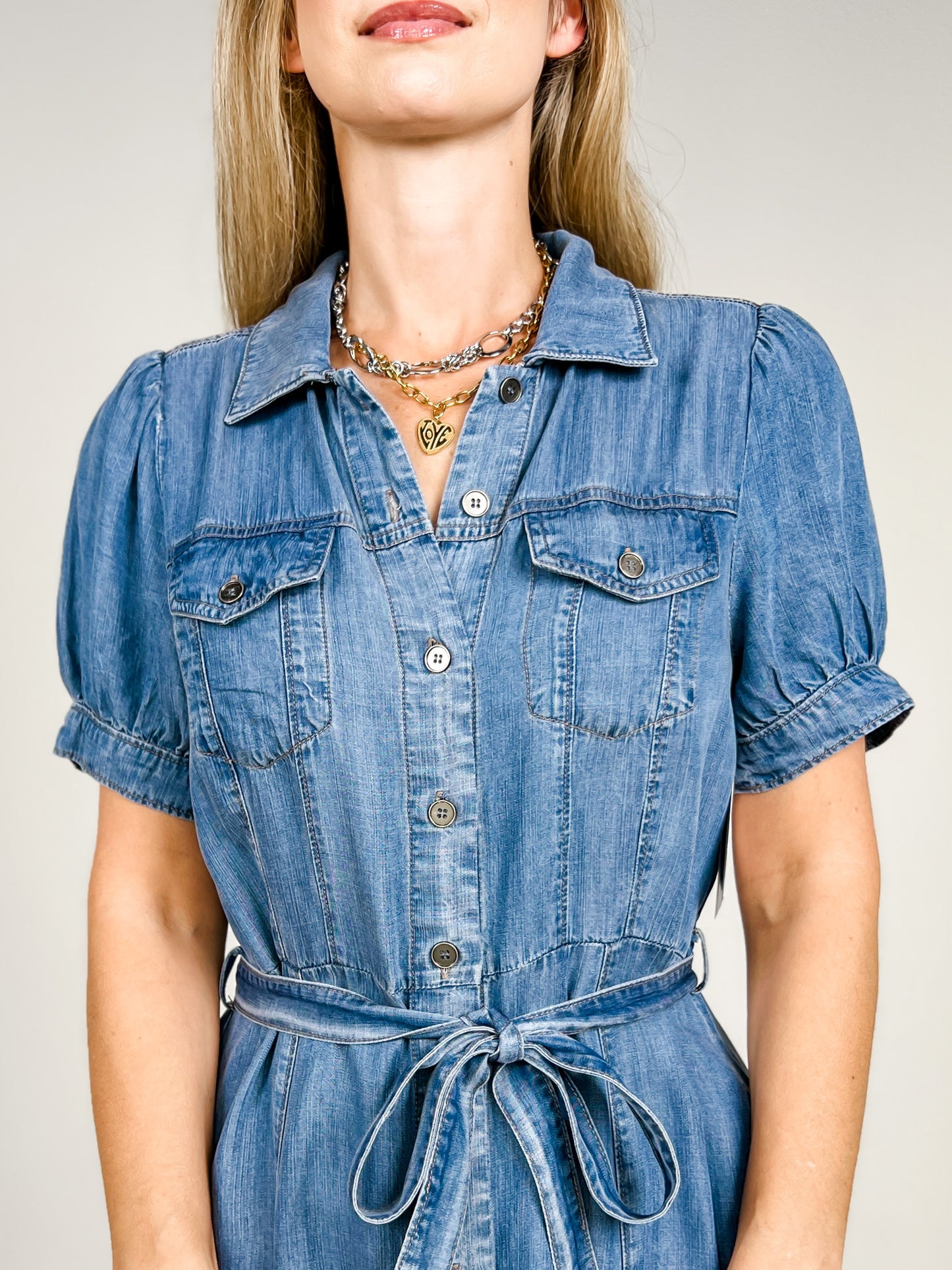 Puff Sleeved Denim Shirt Dress