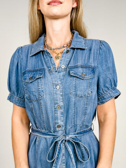 Puff Sleeved Denim Shirt Dress