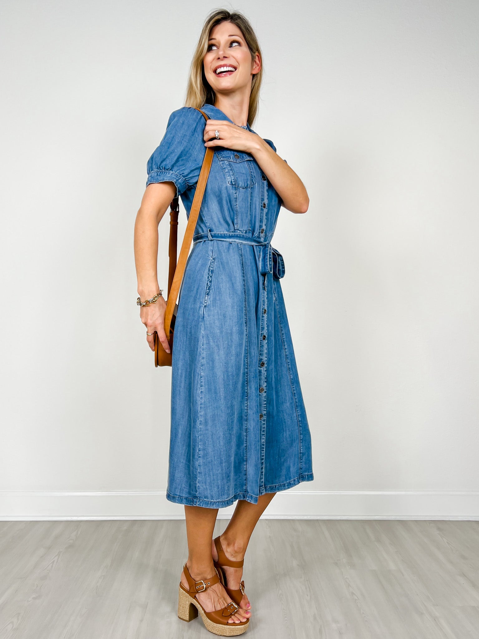 Puff Sleeved Denim Shirt Dress