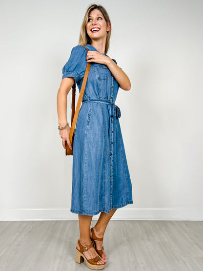 Puff Sleeved Denim Shirt Dress