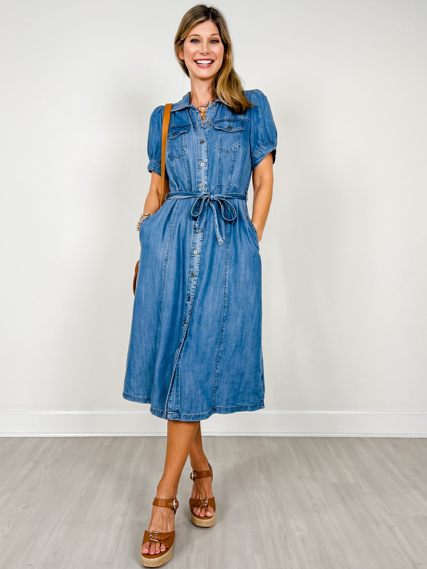 Puff Sleeved Denim Shirt Dress