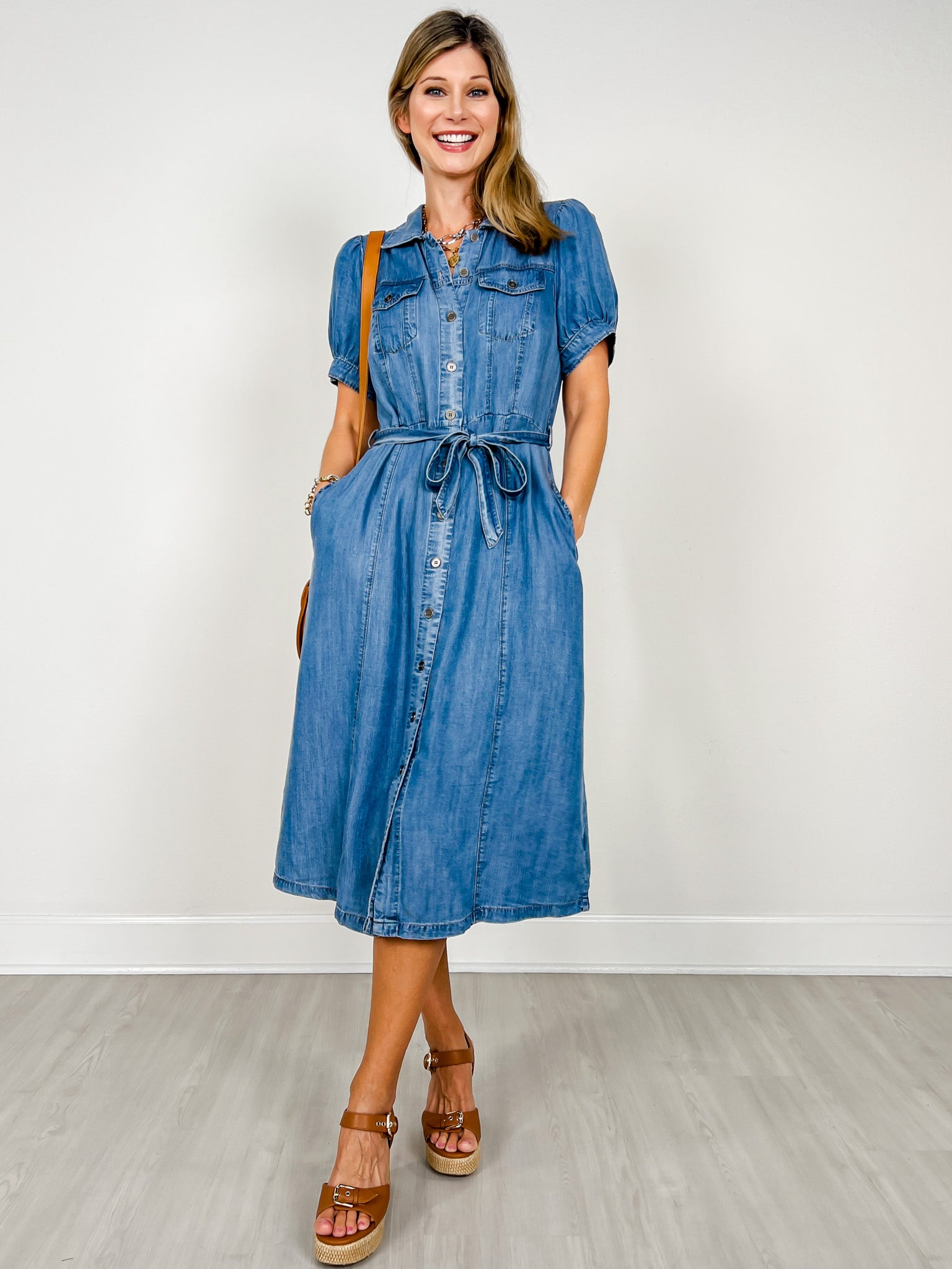 Puff Sleeved Denim Shirt Dress