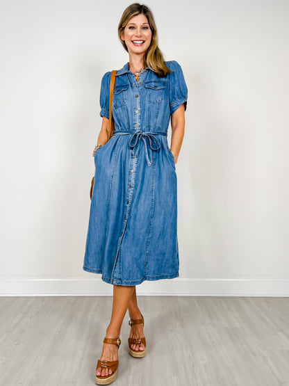 Puff Sleeved Denim Shirt Dress