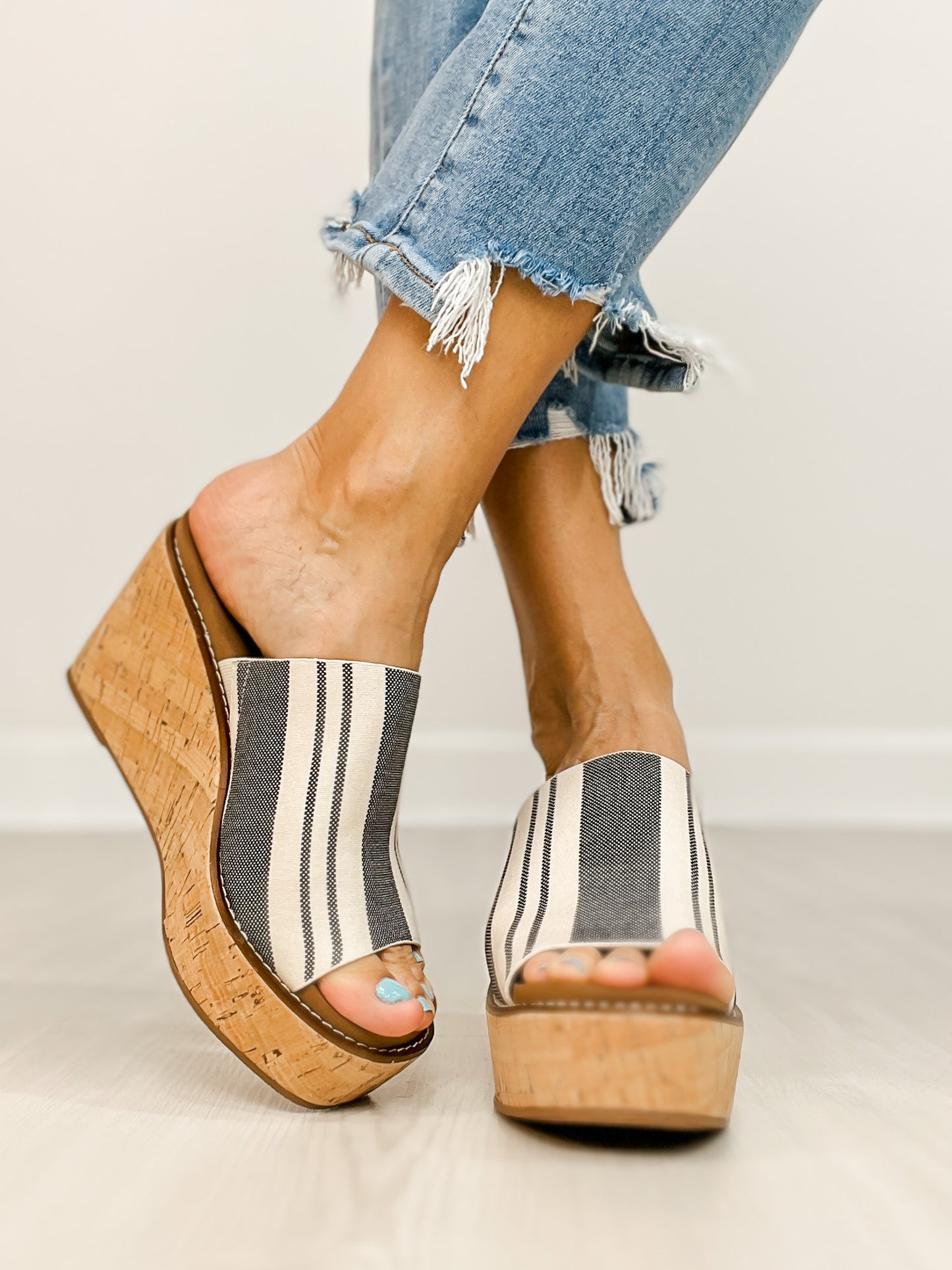 Corkys Mugshot Slip-On Wedges in  Black Natural Stripe 2