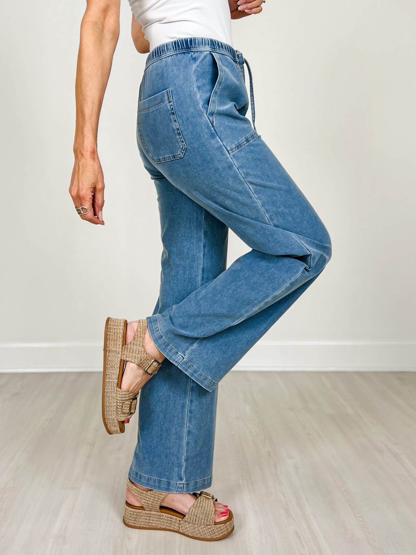 Knit Denim Wide Leg Pull On Pants