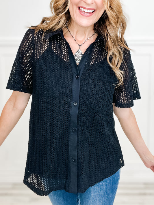 Easy Going Short Sleeve Crochet Lace Top with Built in Cami